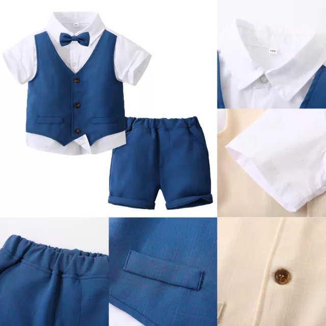 Baby Boys Gentleman Suit Shirt with Vest Fake Two-Piece Bow Tie and Shorts Sets