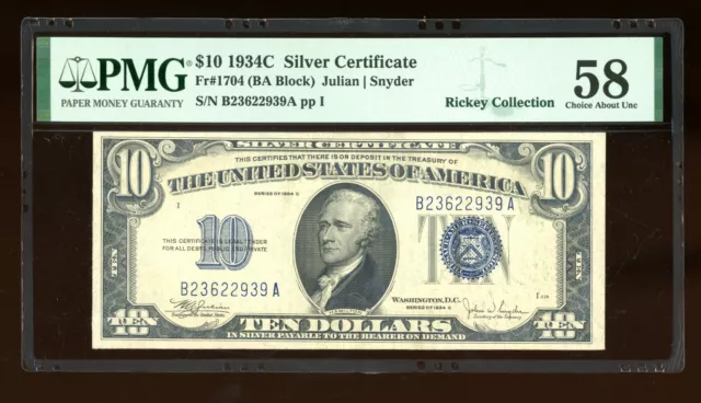 DBR 1934-C $10 Silver Fr. 1704 PMG 58 Serial B23622939A