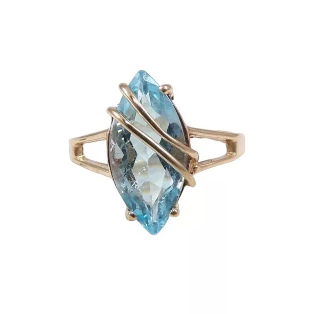 Solid 10K Yellow Gold Blue Topaz Marquise Ring Size 6.5