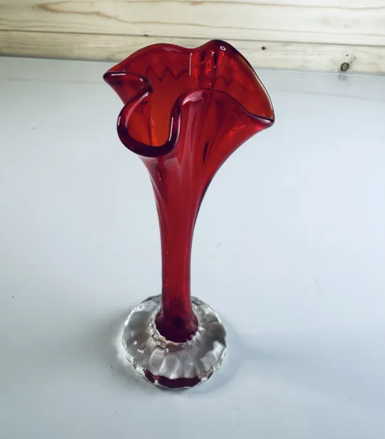 Red Art Glass Vase Handkerchief Rim Mid Century Modern Style 18cm tall