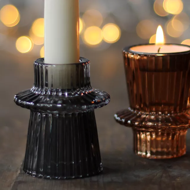 Small Ribbed Two Way Glass Candle Holder | Tea Light + Candlesticks