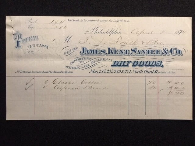 1874  James, Kent, Santee & Company  Philadelphia, Pa. {{Rare Blue}} Letterhead!