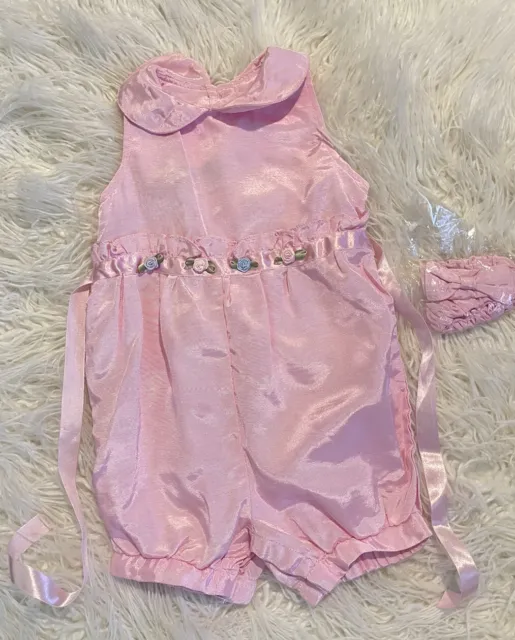 Vintage 90's Baby Girl Pink Silky Rose Rompler NWOT W Matching Bow Size 24 M