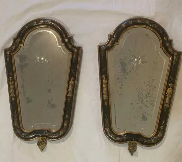 Antique Pair Asian Chinoiserie Black Gold Wood Mirrors Relief Flowers & Asians