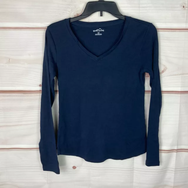 Eddie Bauer Top Women S V-Neck Long Sleeve T-Shirt Blue Solid Basic Cotton Blend