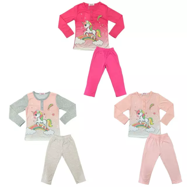 Girls Pyjamas PJs Long Sleeve Nightwear Top Bottom Set Kids Unicorn Cotton