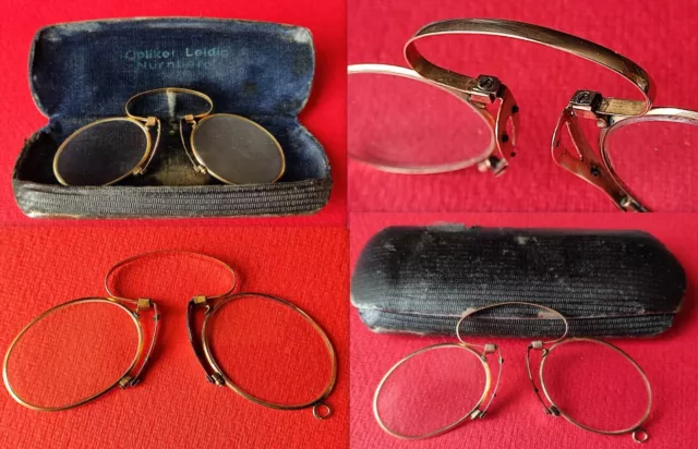 Antichi occhialini da naso fine 800 in oro 18 Kt con custodia metallica –