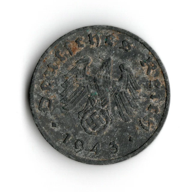 1943-F Germany 1 Reichspfennig German WW2 WWII Coin Pfennig, Free Shipping