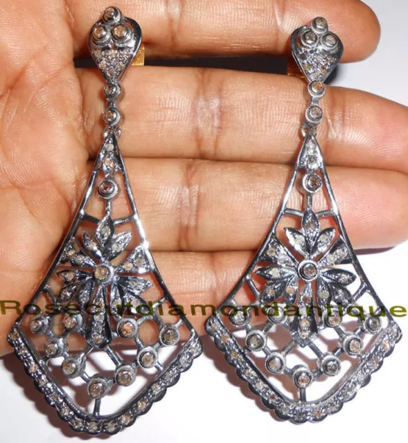 ART DECO ESTATE 3.62ct ANTIQUE ROSE CUT DIAMOND DANGLE EARRINGS VICTORIAN DESIGN