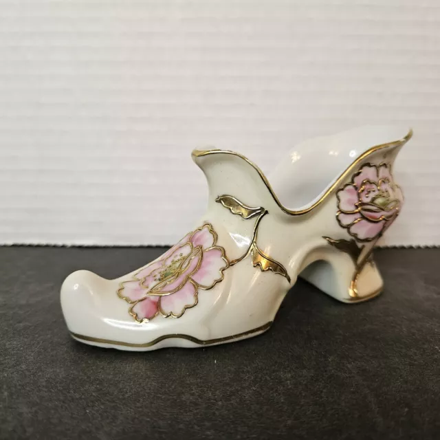 White Porcelain Slipper with Hand Painted Flowers Gold Accent