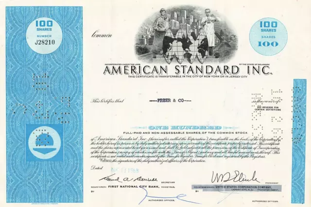 STOCK CERTIFICATE 1968  / 100 shares AMERICAN STANDARD INC BLUE 8/13/1968