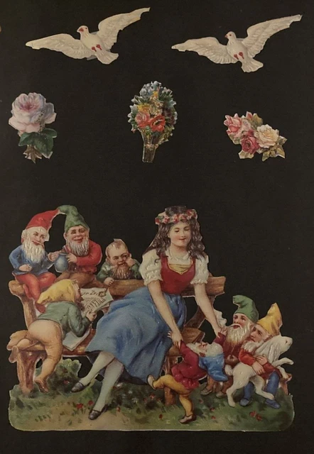 Lot of 9+ Antique  Paper Scrap Die Cut Colorful Flower Bouquets Gnome Girl Boy