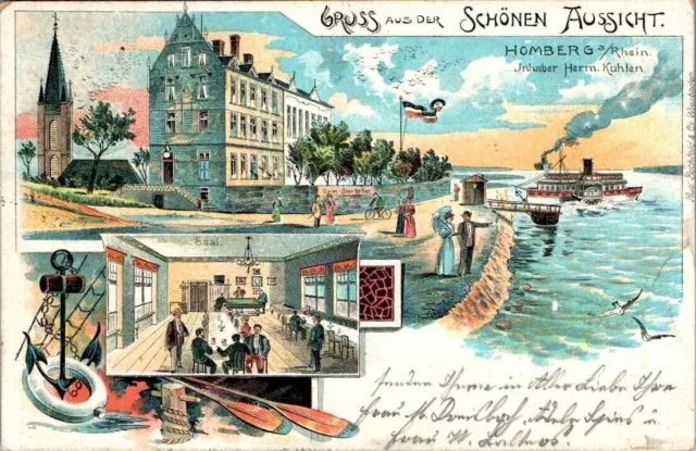 LITHO GRUß AUS DUISBURG HOMBERG RHEIN GASTHAUS SCHÖNE AUSSICHT v H KUHLEN 1901