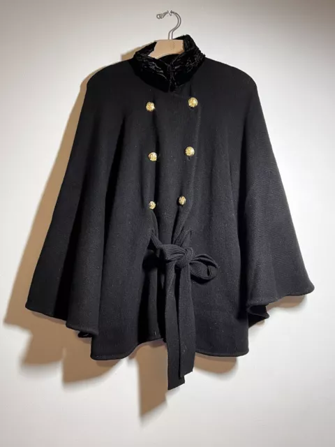 Lauren Ralph Lauren EUC Black Lambswool Belted Poncho Cape Gold Buttons S/M