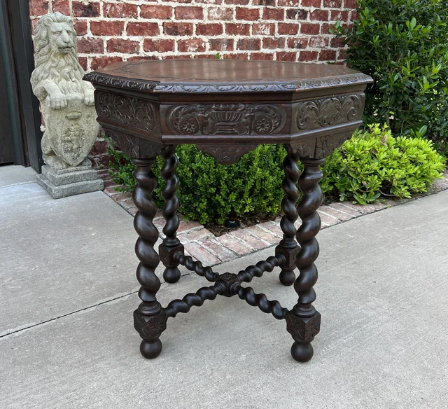 Antique French Table BARLEY TWIST Octagonal Renaissance Revival Oak Carved 19thC