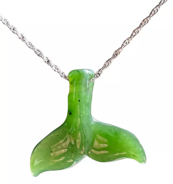 27mm Genuine Natural Nephrite Jade Whale Tail Pendant on 16" Silver-Tone Chain