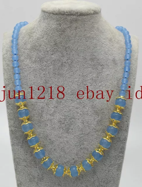 Natural 6mm + 10mm Blue Chalcedony Round Gemstone Beads Necklace 18'' AAA