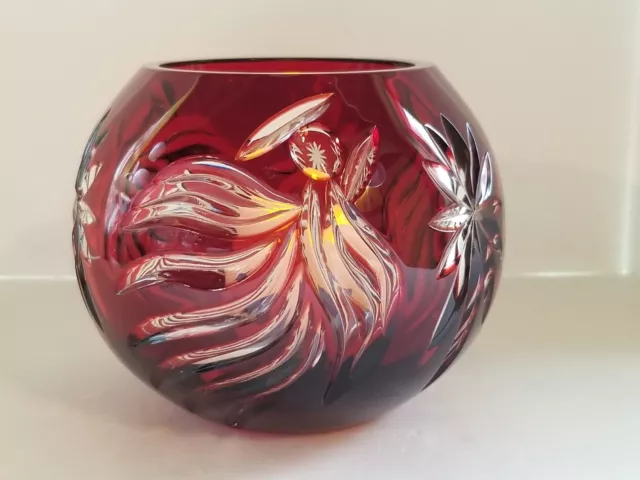 Lenox Crystal Ruby Red Cut to Clear Rose Bowl Candle Holder Angels & Stars Read