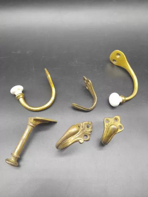 6 Antique Brass And Ceramic Coat Hat Hooks Edwardian Victorian Reclaimed