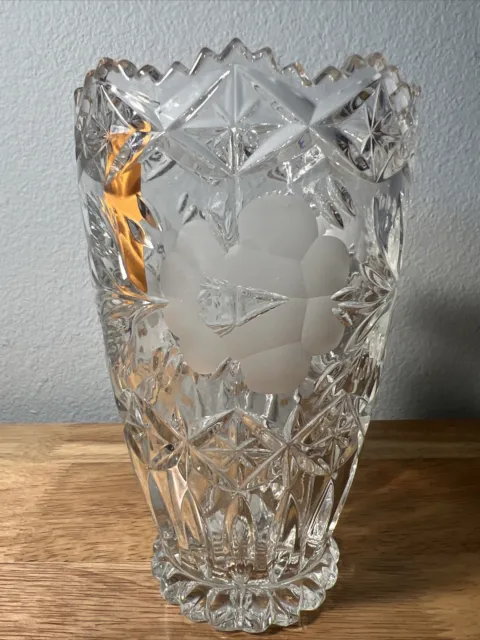 Lead Crystal Vase with Saw Tooth Rim & Etched Frosted Flowers 7” Tall