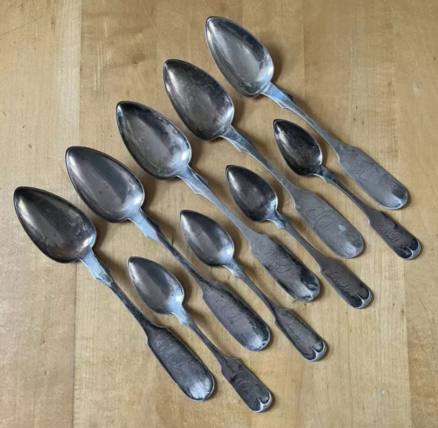 c1845-1860 Set 9 American Coin Silver Fiddle Tea/Table Spoons - Sands & Reineman