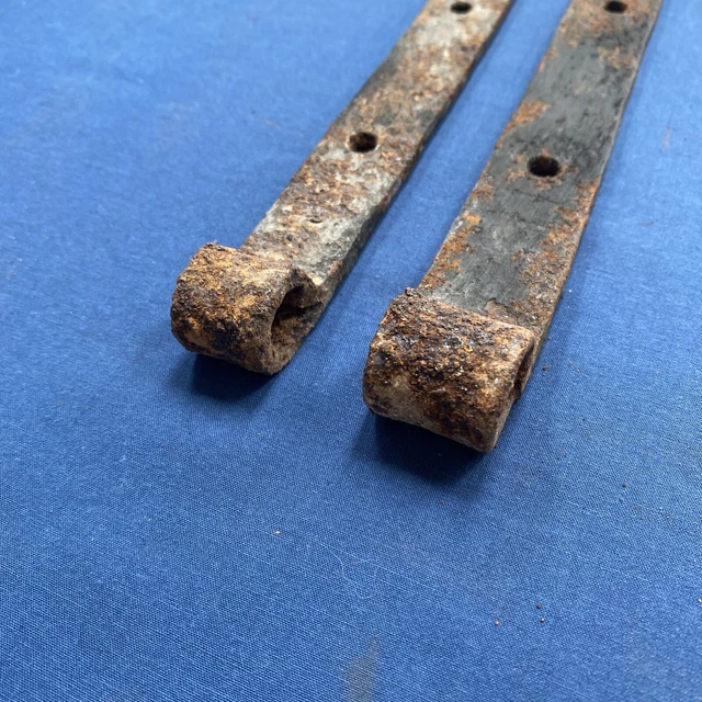 Pair Antique Hand Forged Iron Barn Door Strap Hinges 18 1/8 & 17 7/8" 6