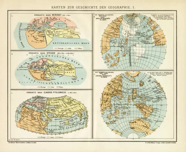 Geschichte der Geographie Historische Weltkarten Landkarte Lithographie ca. 1892