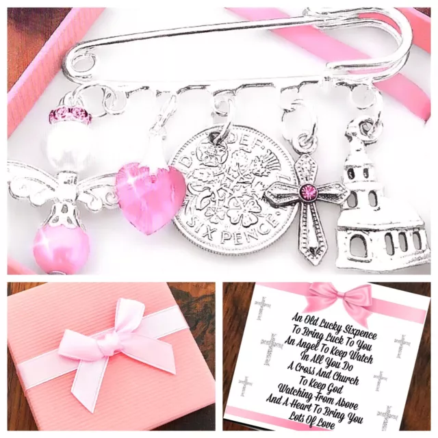 Lucky Sixpence CHRISTENING, BAPTISM Girl/Boy, Kilt Pin Charm Gift Box And Card