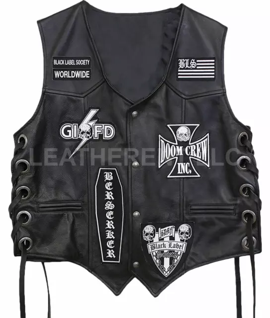 Mens Zakk Wylde Black Label Society Biker Genuine Leather Vest BLS Patches