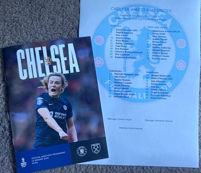 PROGRAMME+TEAMSHEET WOMANS FA CUP 4th ROUND 14/1/2024 CHELSEA v WEST ...