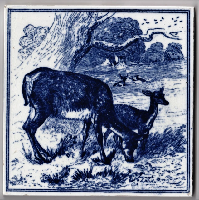 Tile Blue Transfer Printed On White  A Scene Doe With Fawn Minton Hollins & Co