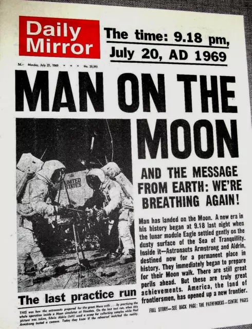 Daily Mirror Zeitung Apollo 11 Mann auf dem Mond Weltraumforschung Rertro altes UK