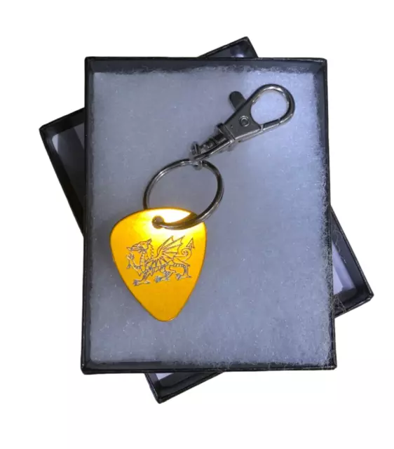 Wales Welsh Dragon Gold Guitar Pick Key Ring, Plectrum Gift Boxed ENGRAVED FREE
