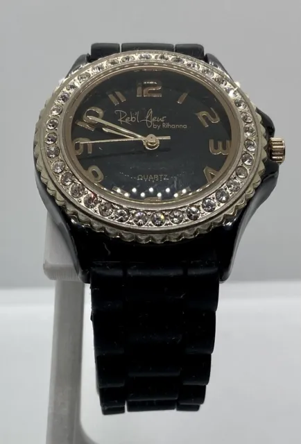 REBL FLEUR BY RIHANNA WATCH Women Iced Dial Large Numbers New Battery Black Band