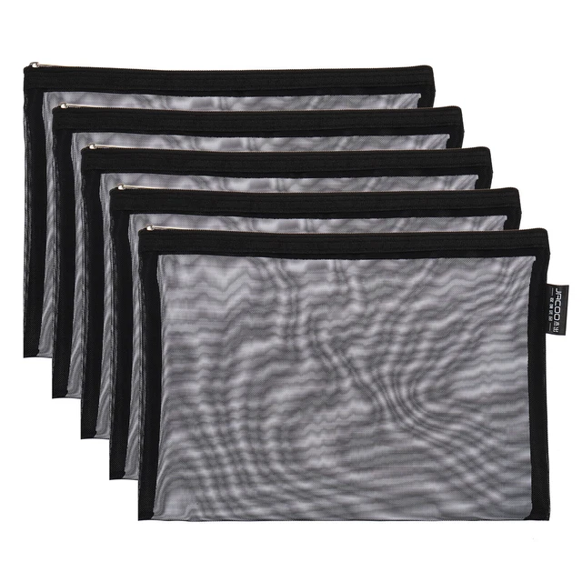 5pcs Mesh Cosmetic Bags, A5 Nylon Zipper Bag Travel Toiletry Pouch Black