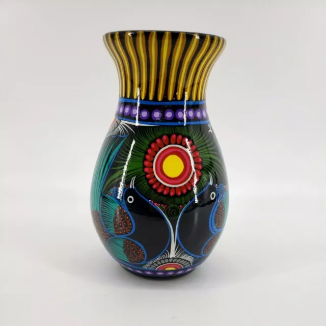 Mexican Folk Art Vase Hand Painted Pottery 7 1/2" Clay Colorful Birds Peacock