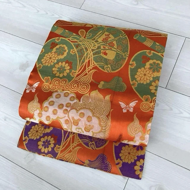 Japanese Obi Orange Gold Silk Women 328cm Kimono Antique