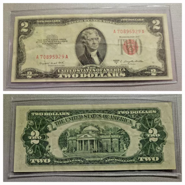 1953 B $2.00 Red Seal Rare US UNITED STATES NOTE $2 Currency Highly Collectible