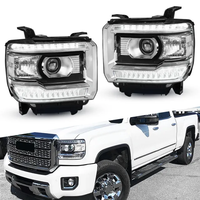 For 2014-2018 GMC Sierra 1500 2500 3500 Clear OE Style LED DRL Head Lights Lamps