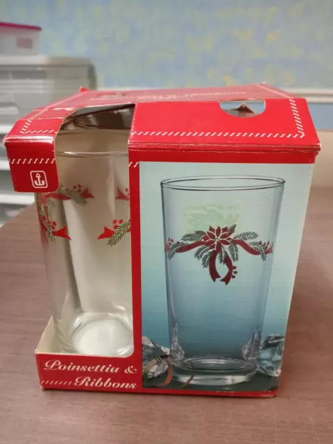Set of 4 Anchor Hocking Poinsettia & Ribbons 15 oz Iced Tea Glasses Tumblers #1A