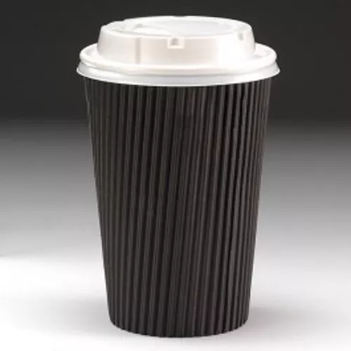 100 x 16oz Black Kraft Paper Coffee Cups Kraft Ripple 3 Ply + White Lids