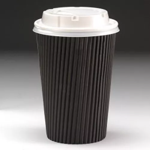 1000 x 16oz Black Kraft Paper Coffee Cups Kraft Ripple 3 Ply + White Lids