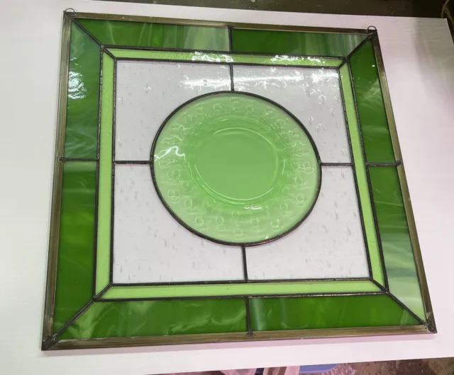 vintage Plate green Stained Glass Panel, Beveled  Window 16” x 16 square hanging