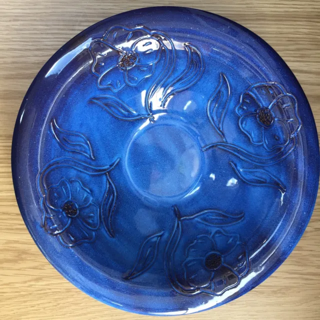 Attractive Cobalt Blue & Black, Hand Etched Flowers 9'' Studio Pottery Bowl VGC