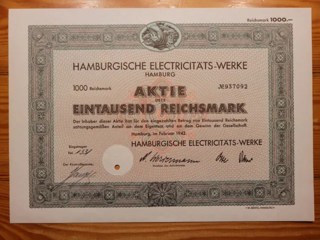 D: E: Hamburgische Electricitäts-Werke, Hamburg, 1942, 1000 RM*