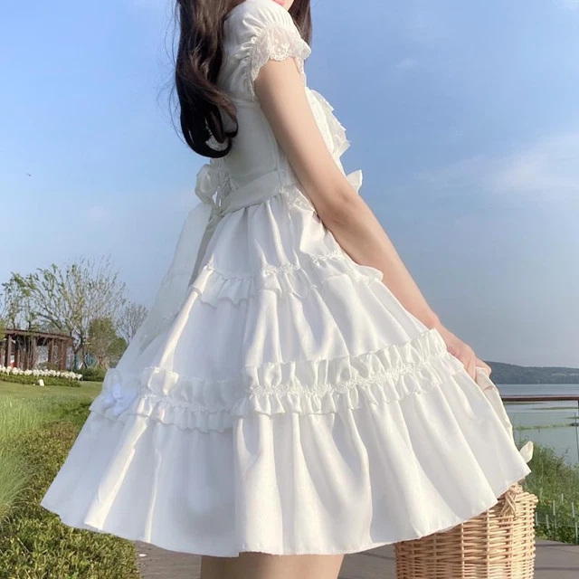 Donna Ragazza Abito Lolita Corto a Balze Puff Maniche Fascia Gotico Dolce Carino 3