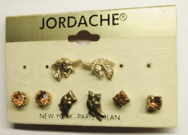 JORDACHE SET Gold tone brown clear RHINESTONE SMALL Pierced Earring OWL UNICORN