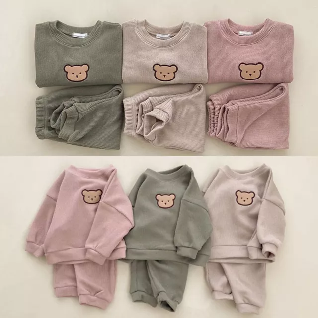 2PCS Baby Boys Girls Toddler Tracksuit Set Loungewear Ribbed Teddy Bear Clothes