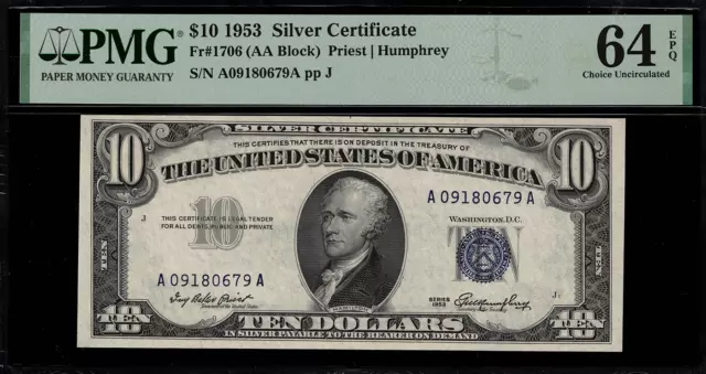 1953 $10 Silver Certificate FR-1706 - Graded PMG 64 EPQ Choice Uncirculated