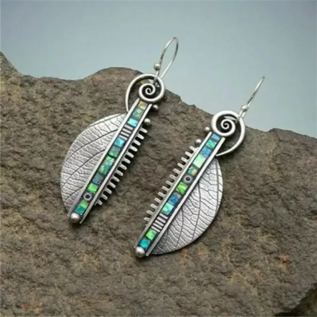 Boho Ethnic Tribal Silver Half Leaf Drop Dangle Earrings UK Seller